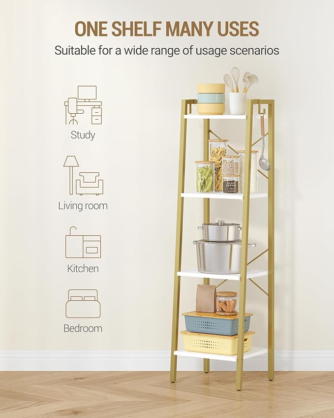 Hzuaneri Ladder Shelf, Bookshelf Bookcase, Freestanding Corner Storage Shelve with 2 Hooks for Home Office, Living Room, Kitchen, Bedroom, Industrial, 11.8" D x 13.4" W x 47.2" H, White Gold BC13213G