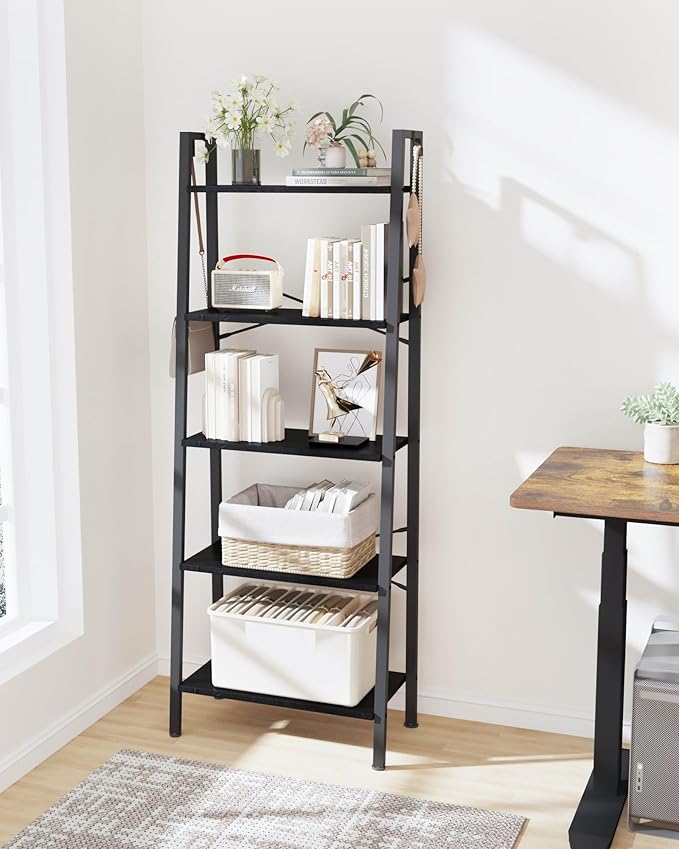 Hzuaneri Ladder Shelf, Bookshelf Bookcase, Freestanding Corner Storage Shelve with 2 Hooks for Home Office, Living Room, Kitchen, Bedroom, Industrial, 11.8" D x 23.6" W x 63" H, Black BC19304B