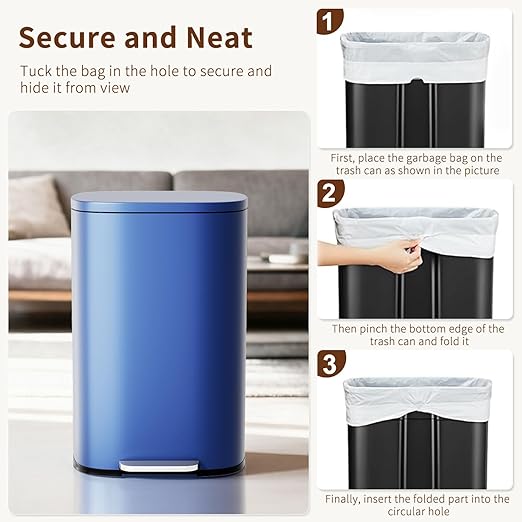 PayLessHere Stainless Steel Trash Can with Lid - Removable Inner Bucket, Foot Pedal Soft Close for Office, Home, Kitchen Garbage Bin (Deep Blue, 13 G)