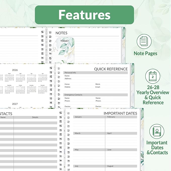 SUNEE 2026 Appointment Book, 2026 Hourly Planner 6.4"x8.3", Hourly, Weekly & Monthly Planner - from January 2026 - December 2026, Flexible Cover, Note Page, Pocket, Bookmark, Leaves