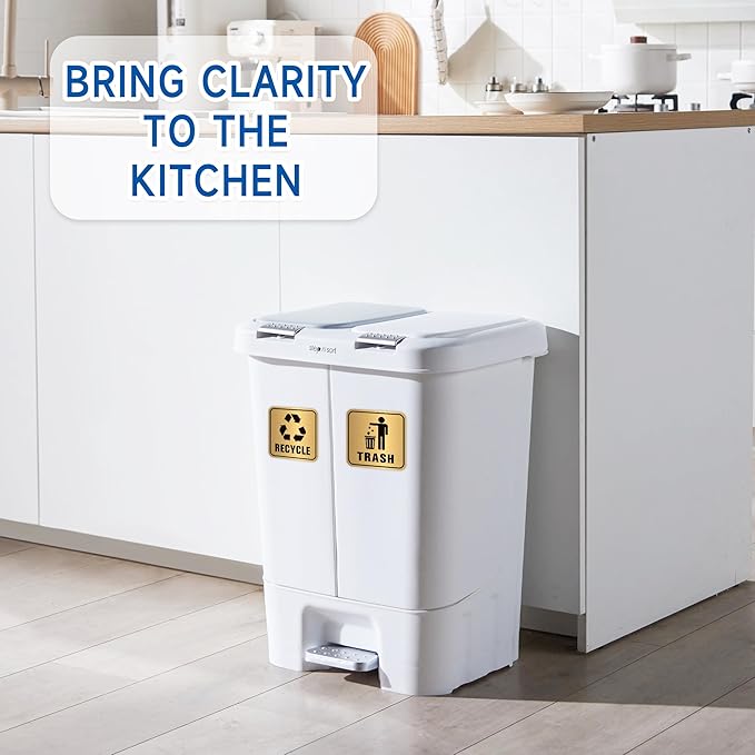 2PCS Recycle Stickers for Trash Bins, Self-Adhesive Waterproof Brushed Gold Trash and Recycling Stickers for Trash Can, Kitchen, Office, Garbage Bin Indoor, Outdoor UseS