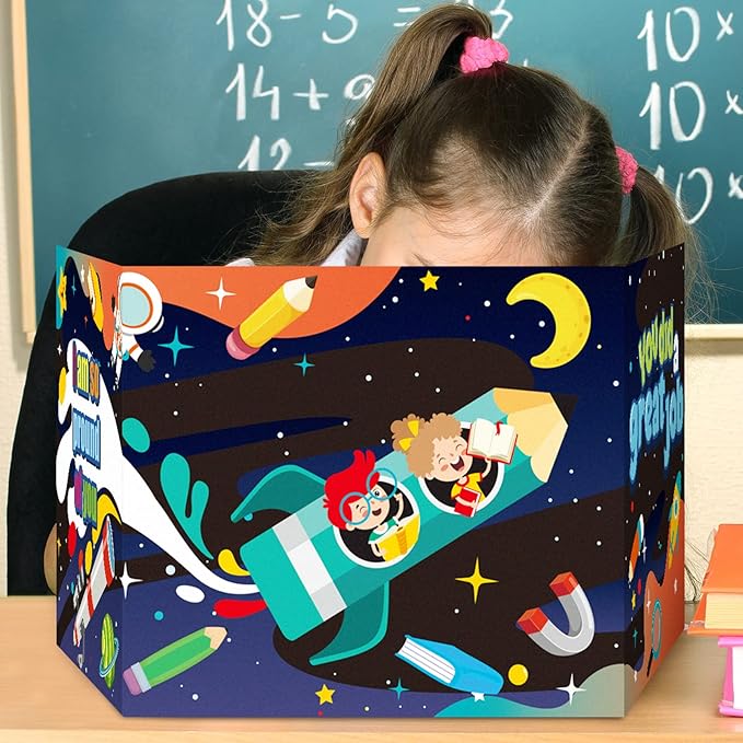 24 Pcs Privacy Boards for Student Desks Bright Colored Classroom Desk Divider Trifold Table Desk Privacy Panel Folders Screen Partition for School Teacher Student Study Test Home(Outer Space)