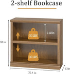 blini 2-Shelf Bookcase Wooden Bookshelves 33in Wide Floor Standing Display Storage Shelves Vintage Oak Bookcase for Home Office, Living Room, Bed Room