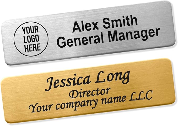 Custom Engraved ID Name Tag Badges Identification Personalized with Text & Logos, Metal Name for Clothing with Pin or Magnetic Backing Plates for Business and Employees (Only Text)