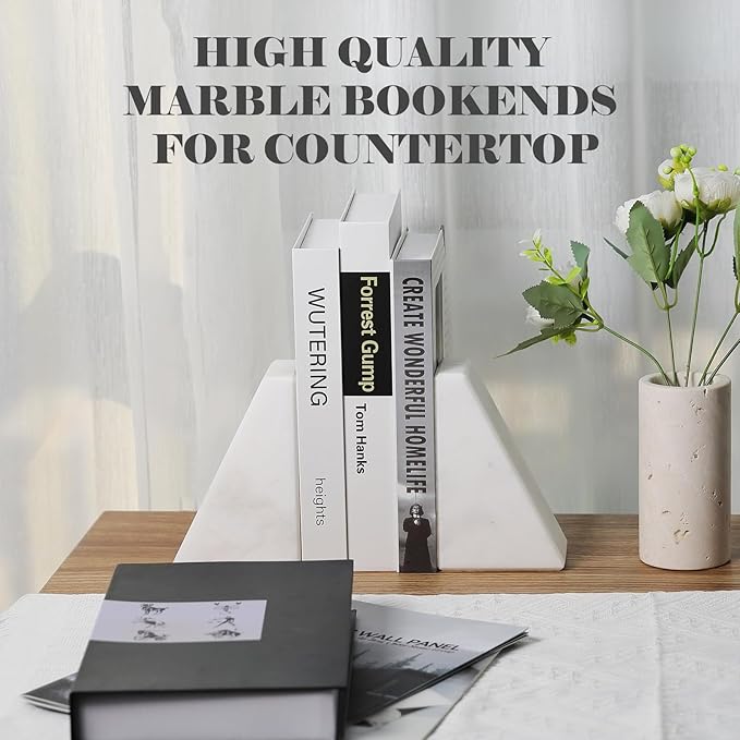 Karibiber Marble Book Ends Decorative, Unique Bookends for Shelves, White Stone Bookends Holds Heavy Books, Weighted Book Holder Stopper for Home Office Desk Bookshelf Decoration, Set of 2