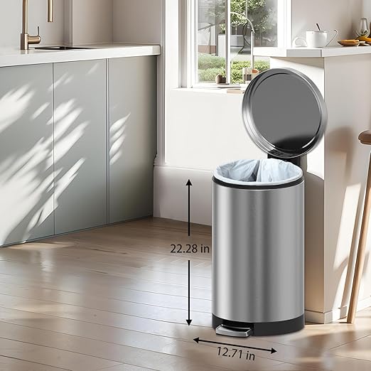 SIMPLYKLEEN Trash Can with Lid - 30 Liter/8 Gallon Round Stainless Steel Trash Can with Odor Protection Kitchen Garbage Cans with Soft-Close Foot Pedal Step Bin for Bathroom Home Kitchen Office
