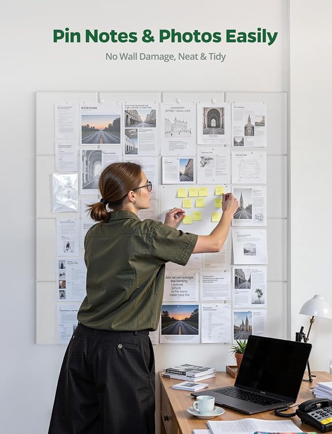 Large Bulletin Board 48" x 36", 12 Pack White Cork Boards for Walls, Self-Adhesive Felt Pushpins Wall Tiles, Display for Messages, DIY Notice, Photo Decorations, Classroom, School, Office, Bedroom