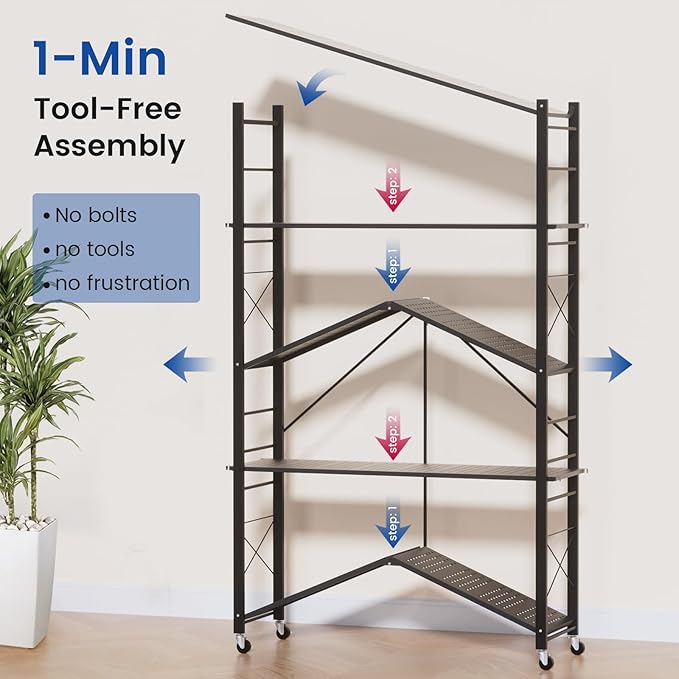 ALANNG 40" W Foldable 5-Tier Storage Shelves with Wheels, Adjustable & Removable Metal Rack, Heavy Duty Rolling Organizer for Kitchen, Garage, Closet, Pantry, and Office (Black,1 Pack)