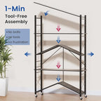 ALANNG 40" W Foldable 5-Tier Storage Shelves with Wheels, Adjustable & Removable Metal Rack, Heavy Duty Rolling Organizer for Kitchen, Garage, Closet, Pantry, and Office (Black,1 Pack)