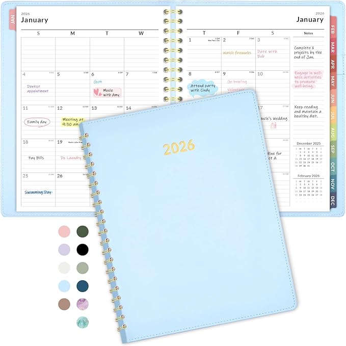 Forvencer 2026 Planner Weekly and Monthly, Jan 2026 -Dec 2026, Vegan Leather Cover Calendar Planner, 8.5" x 11" Agenda with Color Tabs, Inner Pocket, Spiral, 2026 Planner for Office School Supplies