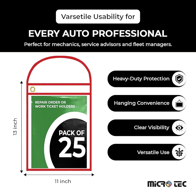 MICRO TEC Repair Order/Work Ticket Holders – Heavy-Duty Vinyl Sleeves with Red Handle – 11" x 13" for Automotive Repair Orders, Job Tickets, Documents – Pack of 25 – Clear w/Red Handle