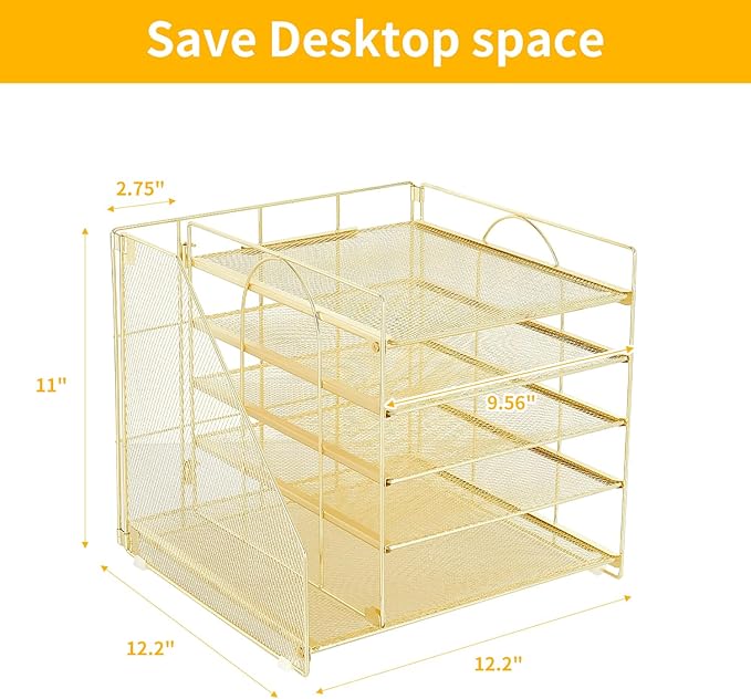 LEKETREE Desk Organizers and Accessories, 5-Tier Paper Letter Tray Organizer with File Holder, Desktop Organizer for Office Supplies (Gold)