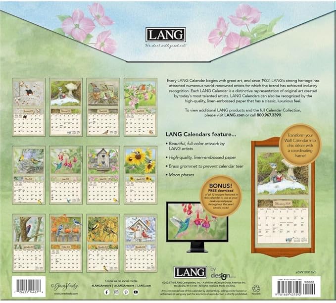Lang Birds in the Garden 2026 Wall Calendar – 12-Month Calendar with Stapled Binding, Linen-Embossed Backyard Bird & Garden Artwork by Jane Shasky, 13.4" × 12"
