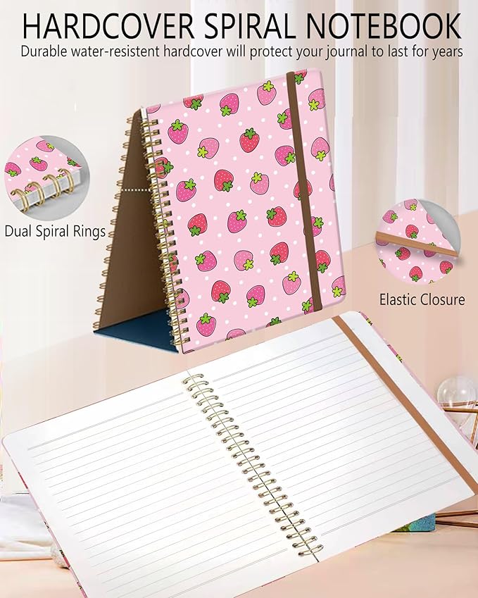 DHGPTS Spiral Journal Notebook, A5 Cute Notebooks for Women Men, College Ruled Hardcover Notebook for Work & Note Taking, 60 Pages Double-Wire Journals for Writing, Cute Strawberry