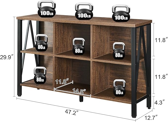 HOMISSUE Cube Storage Organizer Shelf, Rustic Short Wide Bookshelf with 6 Cubes, Industrial Low Cubby Bookcase with 3-Tier Shelves, Horizontal Book Case for Living Room, Office, Brown