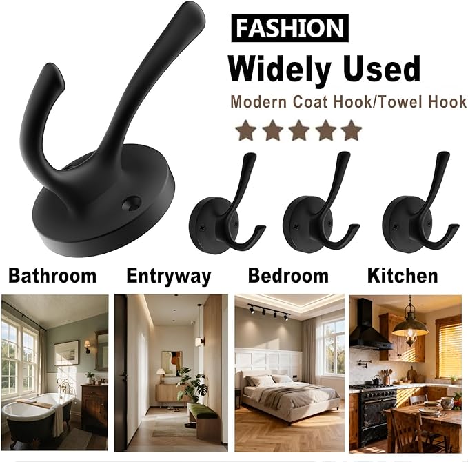 TOFIIGREM Black Towel Hooks for Wall, 5 Pack Coat Robe Hook Heavy Duty Metal Double Bath Hook Wall Mounted, Hat Hooks for Cubicle Bathroom Kitchen Closet Garage
