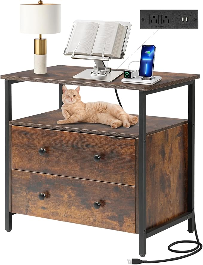 Edbuosy 27 inch Wide Night Stand with Charging Station, Bedside Table with Open Shelf, 2 Drawers Small Wood Dresser, Modern Wood Nightstand for Bedroom/Living Room (Rustic Brown)