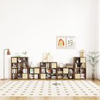 Bookshelf with Storage Bins, 16-Cube Storage Organizer Sturdy Wooden Cube Bookcase Horizontal Bookshelf with Storage, Furniture for Living Room Bedroom Office, Classic Oak