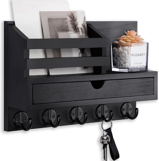 Lucundm Key Holder Wall Mount, Mail Holder with Storage Drawer and 5 Key Hooks for Coat, Dog Leash, Home Decor Rack, House Accessories, Entry Way Organizer