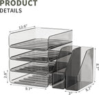 Clear Paper Organizer with Movable Bookends, Brown Acrylic Stackable Paper Tray for Desk, 4-Tier Letter Tray Organizer Office Supplies