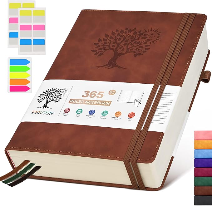 PERCUN B5 Lined Journal Notebook - 365 Page Large Leather Journals for Writing Women Men，Hardcover Notebook with 100Gsm Thick Pages，Daily Diary for Travel, Work，School，College Ruled (7.6" x 10.3")