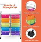 DORTALA 15-Drawer Rolling Storage Cart with Drawers, Rolling Utility Cart w/Removable Drawers & Universal Wheels, Tools Scrapbook Paper Organizer for School, Office, Home, Classroom (Rainbow)