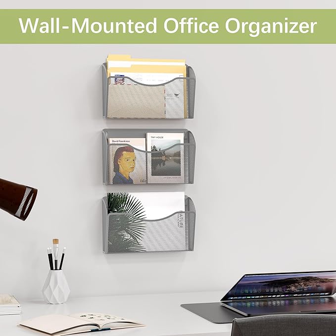 EasyPAG 3 Single Pocket Wall File Organizer, Mesh Hanging File Folder Organizer for Letter/A4 Size Folders, Wall Mounted Vertical Mail Holder for Paperwork, Office, Home, School, Silver
