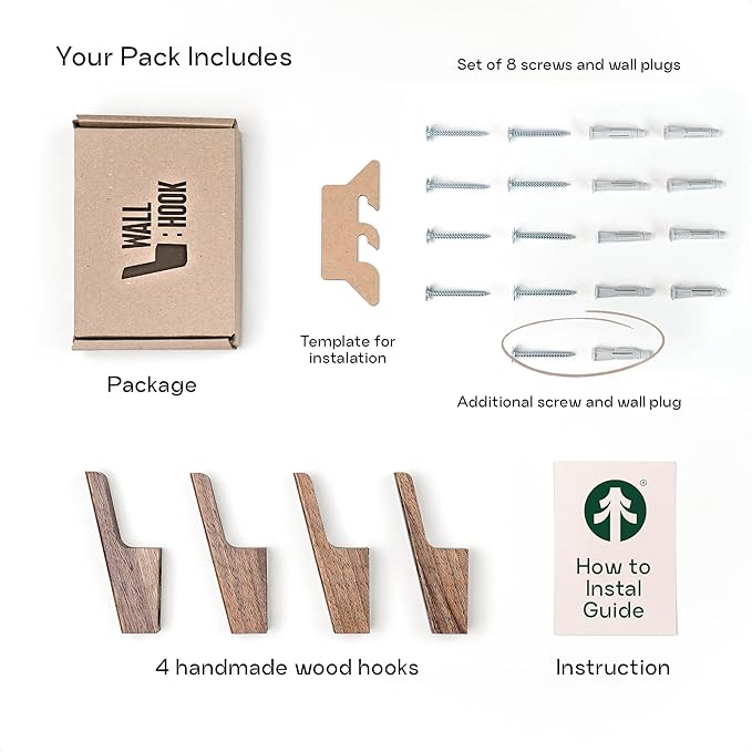 Wall Hooks - Set of 4 - Dark Walnut or Light Ash Wood Coat Hooks for Hanging Hat, Purse, Backpack, Bag, Jacket. Modern Farmhouse Decor for Wall and Practical Entryway Hooks (Walnut Wood)