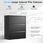 Pataku Metal Lateral File Cabinet with Lock, Steel Lateral Filing Cabinet 3 Drawer, Locking Office Home Wide Organization File Cabinet for Hanging Files Letter/Legal/F4/A4 Size(3Drawer/Black)