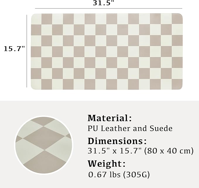 Ohocut Checkered Desk Mat, 31.5" x 15.7" Large Cute Beige Khaki Aesthetic Retro Accessories, PU Leather Computer Laptop Desk Mat Mouse Keyboard Pad, Desk Writing Makeup Mat for Vanity/Work/Home Decor