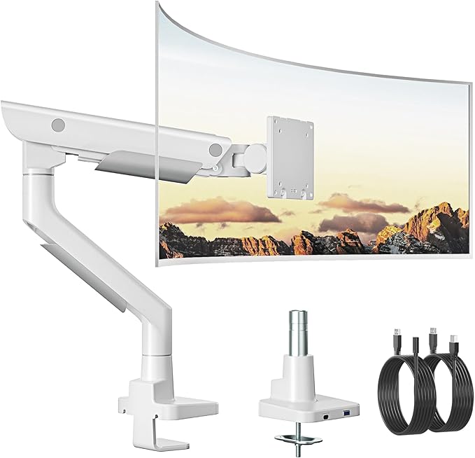monTEK Sleek Aluminum Monitor Arm for 17–57” Ultrawide Screens up to 59.4 lbs, USB 3.0 A/C, Heavy Duty Single Monitor Arm Desk Mount, Pneumatic Lift, Quick-Release Plate, Clamp/Grommet, VESA 100x100