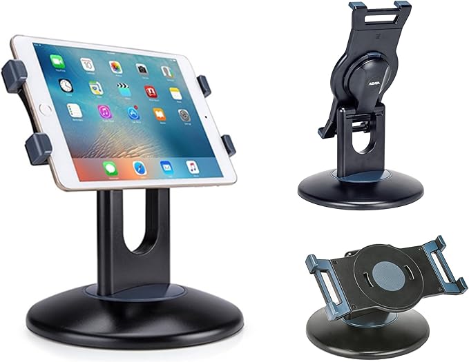 Premium 360° Rotating Tablet Stand for Desk – Adjustable Tablet Holder for 7.9” to 13” Devices, Swivel Weighted Base, Sturdy Black Metal iPad Stand for Office, Home, and Retail Display