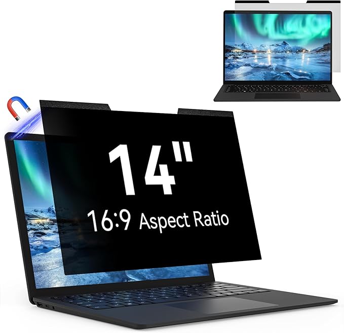 Mao Yeye Magnetic Laptop Privacy Screen 14 Inch 16:9 Aspect Ratio Anti-Glare Blue Light Monitor Protector,Removable 14in Film for Lenovo HP Dell Acer Asus Thinkpad Envy Xps
