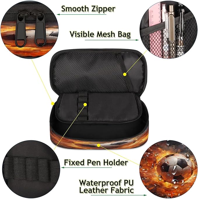 Pardick Football Fire Pencil Case，Big Capacity Pencil Pouch Coin Pouch Stationery Organizer For Teen School