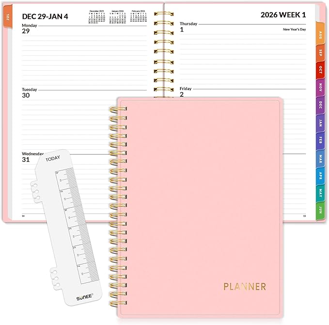 SUNEE 2026 Weekly and Monthly Planner - from January 2026 - December 2026, Daily Agenda Planner with Monthly Tab, Flexible Cover, Note Pages, Pockets, Bookmark, Spiral Binding, Pink, 6.4" x 8.3"