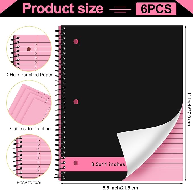 Resurhang 6 Pcs Legal Pad Top Spiral Bound Notebook 70 Sheets Double Sided College Ruled Paper Notepad Memo Steno Pad with Stiff Cover for Business College(8.5 x 11 Inches,3 Hole Punch,6 Colors)