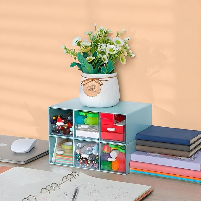 OSteed Desktop Drawers, Desk Organizer with 6 Drawers, Stackable Plastic Storage Box for Home Collection, Cosmetics, Jewelry, Office Supplies (2 Tall Layers, Blue)