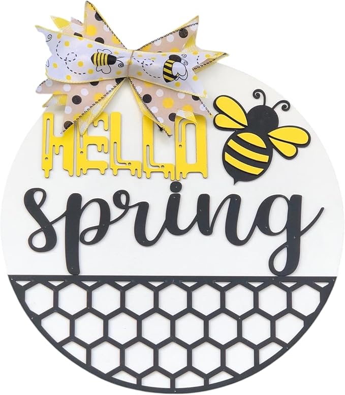 Wood front door sign Wood sign Home decor Welcome sign Sign for front door House warming gift Wedding gift (Spring Bee-UV010(NC) P002, 11" Width)