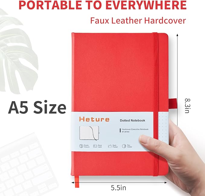 Heture Hardcover Notebooks, A5 Dotted Journal Notebook for Writing 160 Pages, 8.2 x 5.5 inch, Classic Dotted Notebooks for College/Work/Travel(Red 3 Pack)