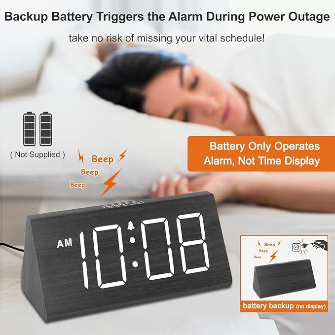 DreamSky Wooden Digital Alarm Clocks for Bedrooms - Electric Desk Clock with Large Numbers, USB Port, Loud Alarm for Heavy Sleepers, Adjustable Volume, Dimmer, DST, Wood Décor Gifts, Adapter Powered