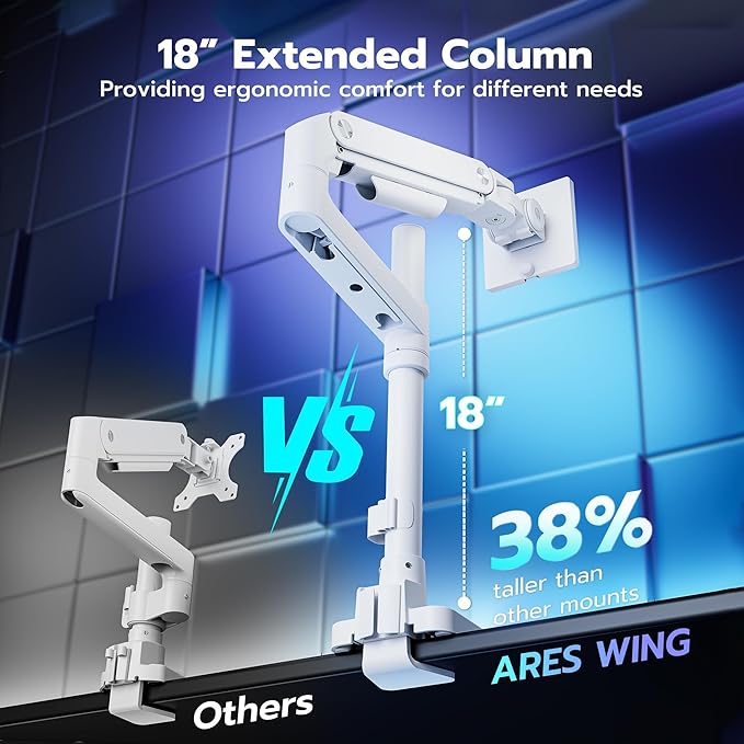 ARES WING Single Monitor Arm Desk Mount for 17-49 Inch Ultrawide Monitors, Heavy Duty Single Monitor Arm Holds 44 lbs, Full Motion Gas Spring Vertical Desk Mount, 75/100 VESA Mount, White