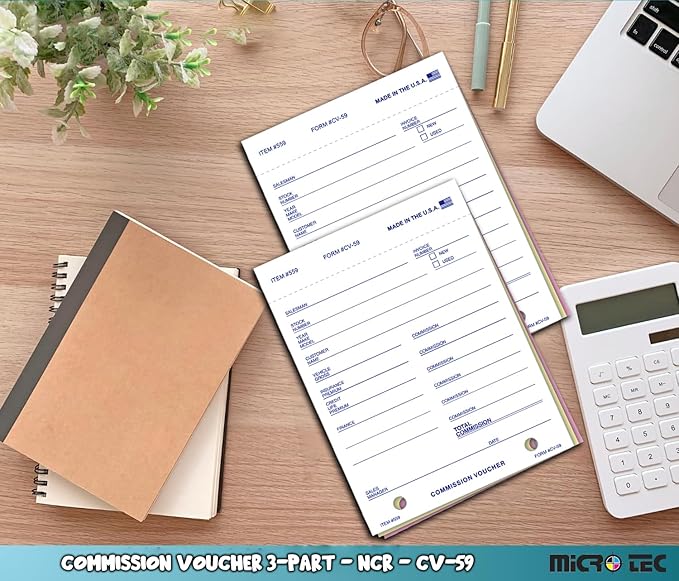 Commission Voucher Book CV-59-3 Part Carbonless Forms, Triplicate NCR Receipt Book, Snap-Out Pre-Punched with File Holes Commission Vouchers, Blue Ink, 4.25 x 5.625 Inch - Pack of 200