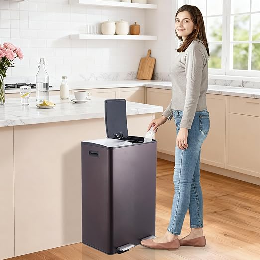 Garvee Dual Trash Can, 16 Gal (2 x 30 l) Stainless Steel Kitchen Garbage Can with Lid and Inner Bucket, Double Compartment Trash and Recycle Bin Combo with Step Pedal for Home Office, Brown