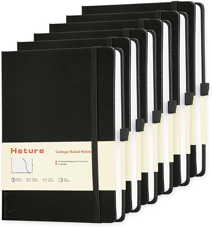 Heture Hardcover Notebooks, 6 Packs A5 Lined Journals Notebook for Writing 160 Pages, 8.2 x 5.5 inch, Black Classic Ruled Notebooks for College/Work/Travel (Black-6 Pack)