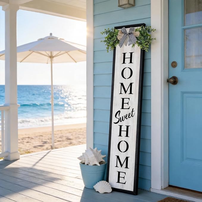Double-sided Welcome Wooden Sign Stand with Magnetic-adhesive Wreath for Front Door, 47" Vertical Farmhouse Home Sweet Home Porch Sign, 2in1 Large Tall Porch Leaner Decor for Outdoor Patio Garden