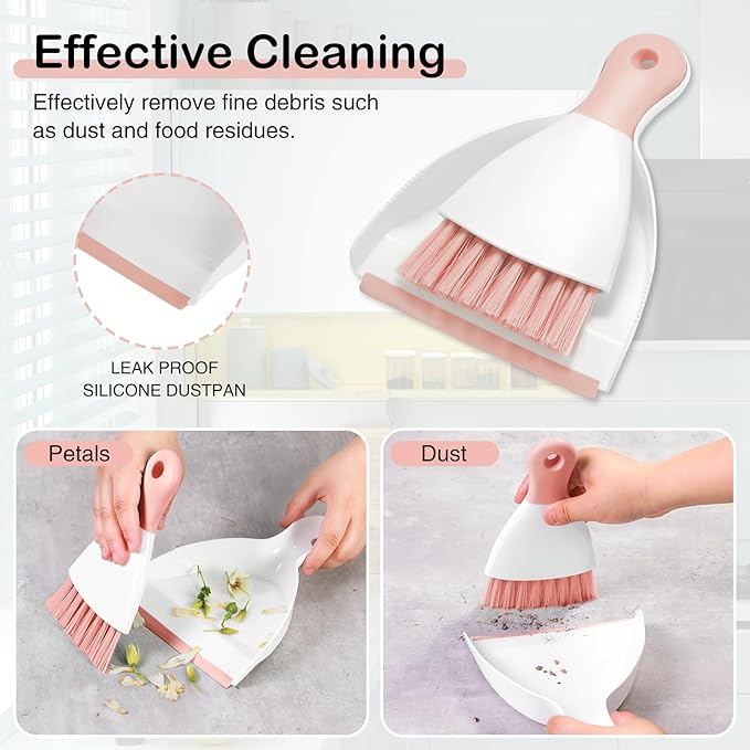 NACENA Mini Dustpan and Brush Set 2 Pack, Small Broom and Dustpan Set Dust Pan and Mini Hand Broom Dustpan and Broom Combo Compact for Home Table Keyboards Sofa Kitchen, Pink
