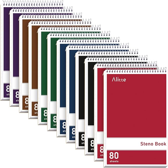 Alitte Steno Pads Spiral 6x9-12 Pack Assorted Bright Colors - Perfect for Work, School, and Home Use, Easy Tear-Off Pages, Gregg ruled, White Paper - No Ink Bleeds - 80 Sheets