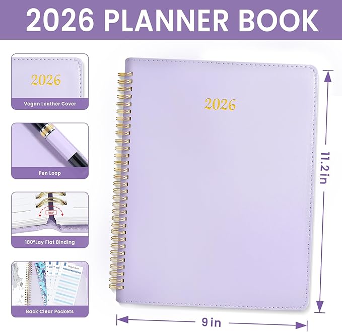 2026 Planner, Annecy Weekly ＆ Monthly Planner 2026, Jan. 2026 – Dec. 2026, 9" x 11" Monthly Agenda Planner with Tabs, Vegan Leather Cover, Spiral Binding, Double-sided Pocket, Bookmark, Purple