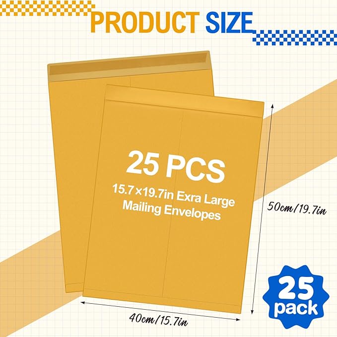 Motipuns 25 Pcs 16'' x 20'' Extra Large Mailing Envelopes 32lb with Gummed Flaps, Catalog Envelopes Jumbo Craft for Mailing, Storage and Organizing Documents Office Supplie (Yellow)