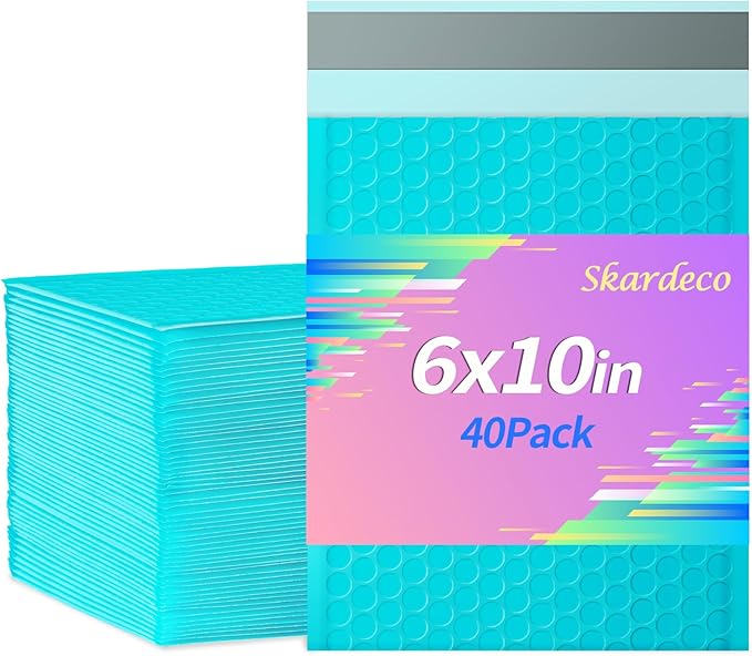 skardeco 6x10 Inch Teal Bubble Mailers 40 Pack Self-Seal Poly Padded Envelopes Suitable for Small Businesses to Package and Mail Jewelry Cosmetics, Electronic Products, Cards (Teal, 6x10-40)